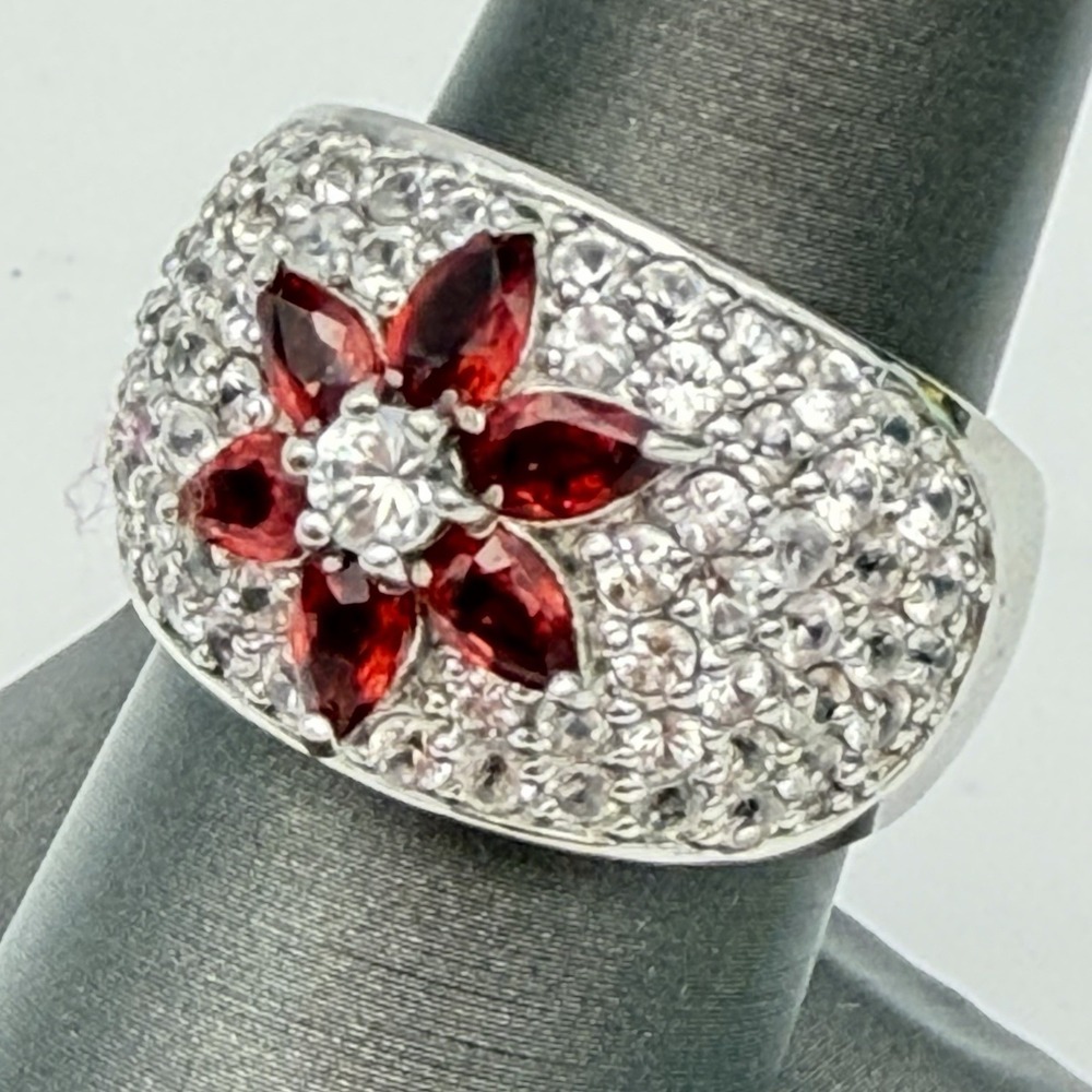 Vtg Sterling Silver 925 Ruby & White Topaz Ring Dome Pave Sz 7 HSN QVC Kelly Ann